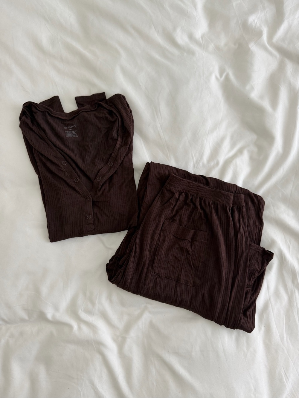 Negative Underwear Ribbed Long Sleeve Henley Pajama Set in Chocolate Brown - Picture 7 of 7